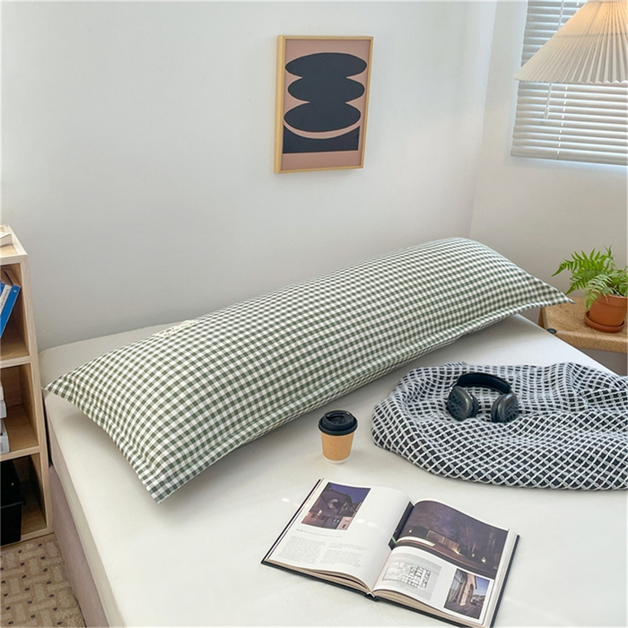 91家纺网 家纺一手货源 找家纺 梦舒羽 2025新款水洗棉麻双人枕套情侣枕芯套加厚枕头套  小格-绿