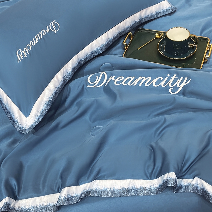 91家纺网 家纺一手货源 找家纺 丽卡家纺 2024新款水洗天丝刺绣夏被四件套-梦幻 梦幻-宾利蓝