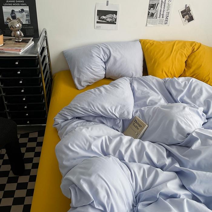 91家纺网 家纺一手货源 找家纺 思诺羽床笠 2024新款水洗棉纯色混搭四件套系列 雾蓝+姜黄