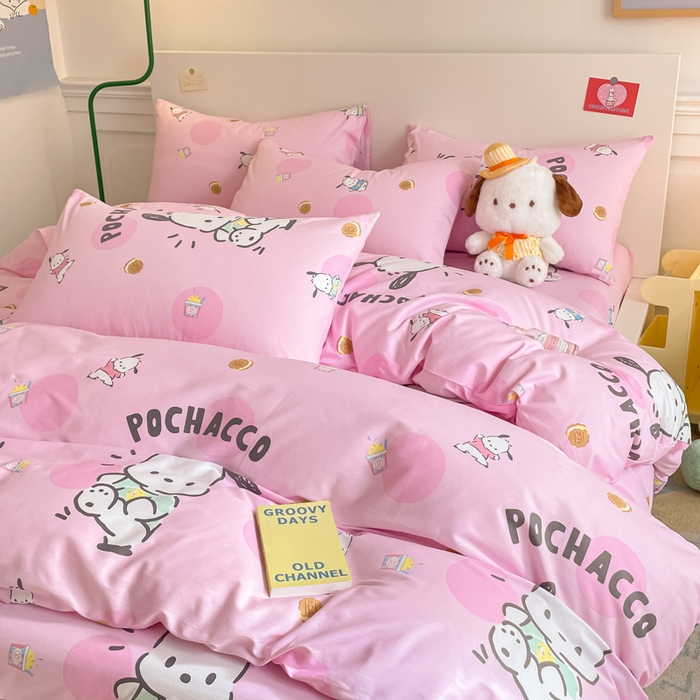 91家纺网 家纺一手货源 找家纺 博雅 2024新款全棉三丽鸥卡通四件套-AA版帕恰狗 粉红帕恰狗