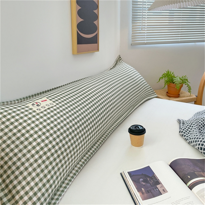 91家纺网 家纺一手货源 找家纺 梦舒羽 2025新款水洗棉麻双人枕套情侣枕芯套加厚枕头套  小格-绿