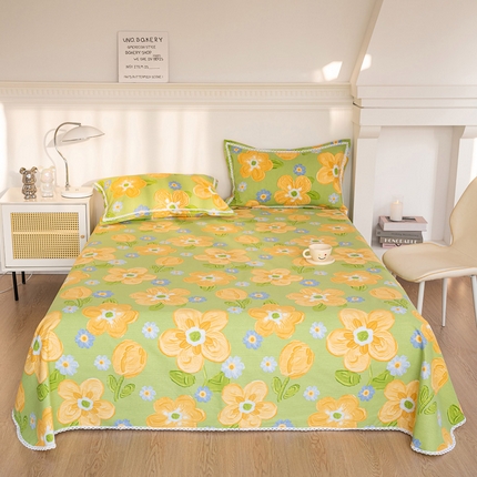 91家纺网 家纺一手货源 找家纺 金泰莱 2025新款花边款老粗布凉席老粗布床单软凉席全棉床单纯棉床单 时尚花梦