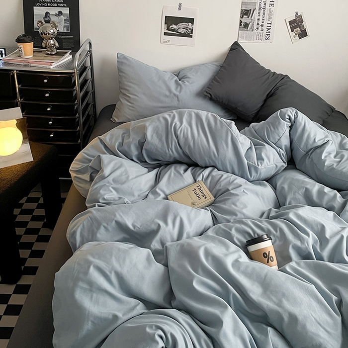 91家纺网 家纺一手货源 找家纺 思诺羽床笠 2024新款水洗棉纯色混搭四件套系列 雾蓝+高级灰