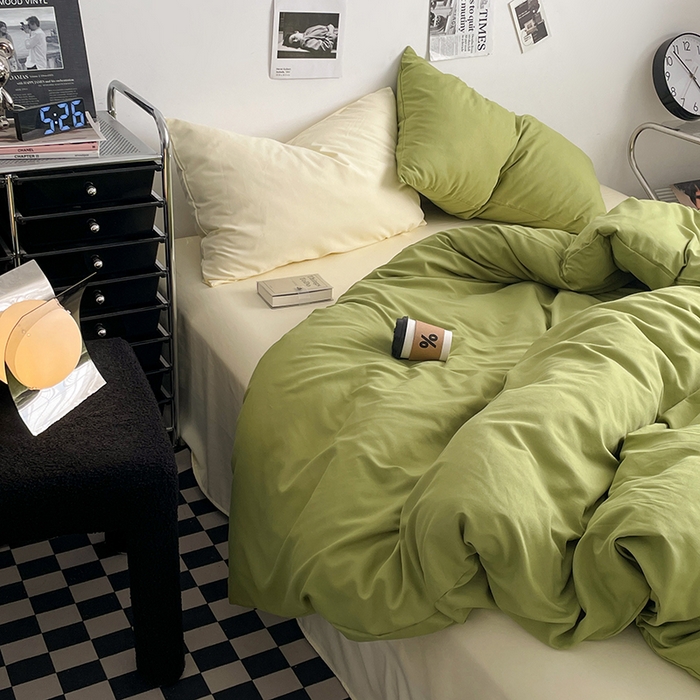 91家纺网 家纺一手货源 找家纺 思诺羽床笠 2024新款水洗棉纯色混搭四件套系列 牛油果绿+奶油黄