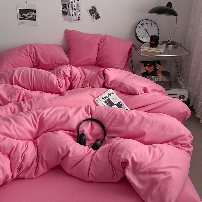 91家纺网 家纺一手货源 找家纺 思诺羽床笠 2024新款水洗棉纯色混搭四件套系列 树莓粉