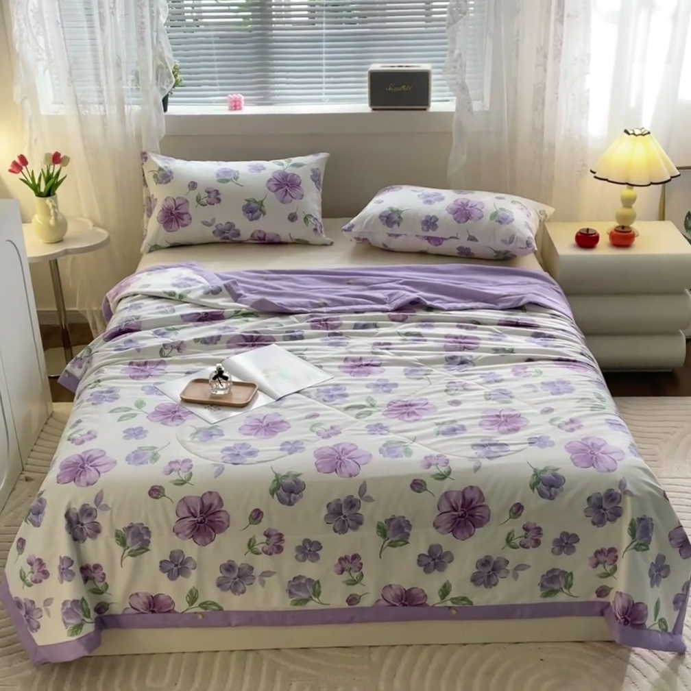 91家纺网 家纺一手货源 找家纺 金柚子2024新款全棉印花夏凉被 花暖迎春-紫