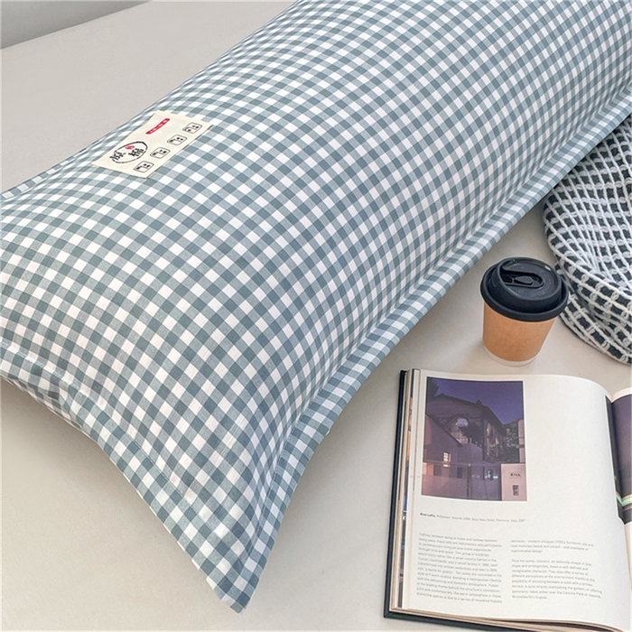 91家纺网 家纺一手货源 找家纺 梦舒羽 2025新款水洗棉麻双人枕套情侣枕芯套加厚枕头套  小格-蓝