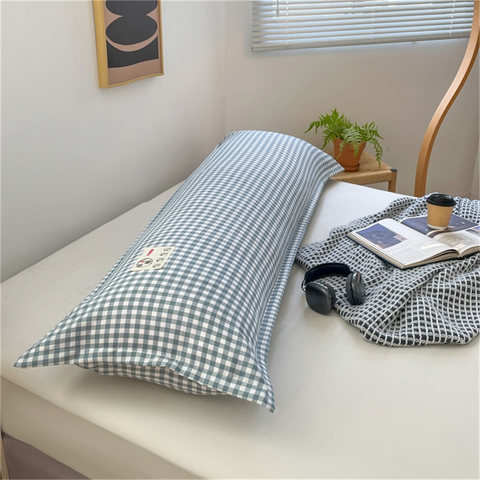 91家纺网 家纺一手货源 找家纺 梦舒羽 2025新款水洗棉麻双人枕套情侣枕芯套加厚枕头套  小格-蓝