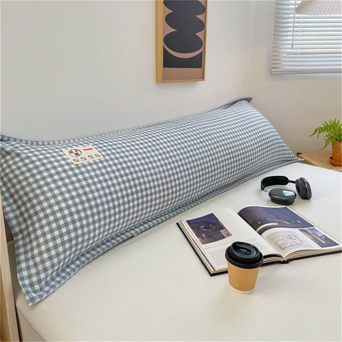 91家纺网 家纺一手货源 找家纺 梦舒羽 2025新款水洗棉麻双人枕套情侣枕芯套加厚枕头套  小格-蓝