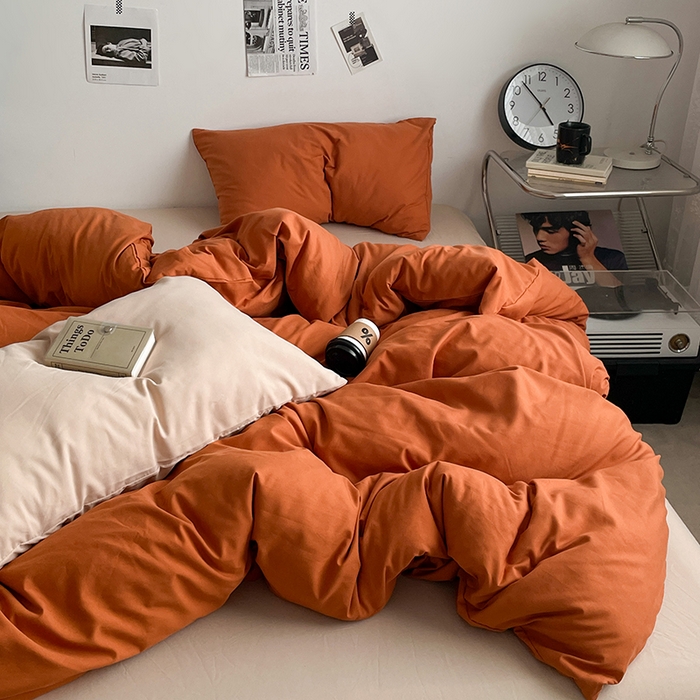 91家纺网 家纺一手货源 找家纺 思诺羽床笠 2024新款水洗棉纯色混搭四件套系列 落日橙+卡其