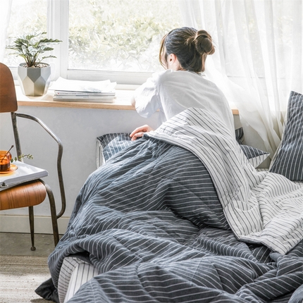 北欧良品 水洗棉夏被四件套水洗棉空调被夏凉被无印良品-灰白细条双拼