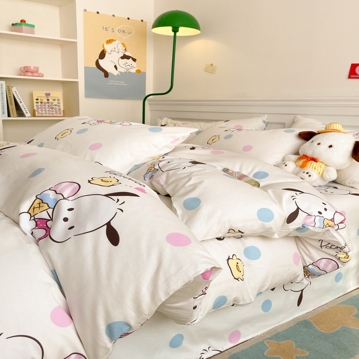 91家纺网 家纺一手货源 找家纺 博雅 2024新款全棉三丽鸥卡通四件套-AA版帕恰狗 吃货帕恰狗