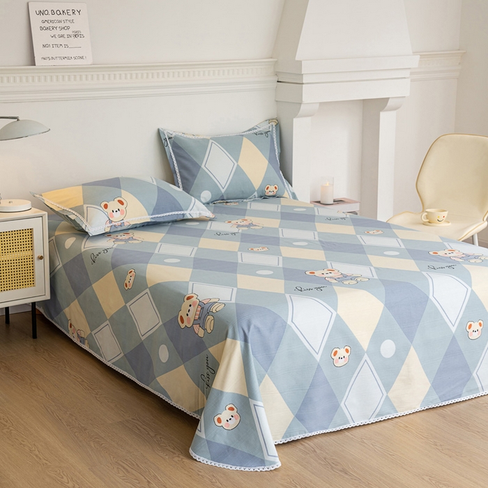 91家纺网 家纺一手货源 找家纺 金泰莱 2025新款花边款老粗布凉席老粗布床单软凉席全棉床单纯棉床单 卡酷熊