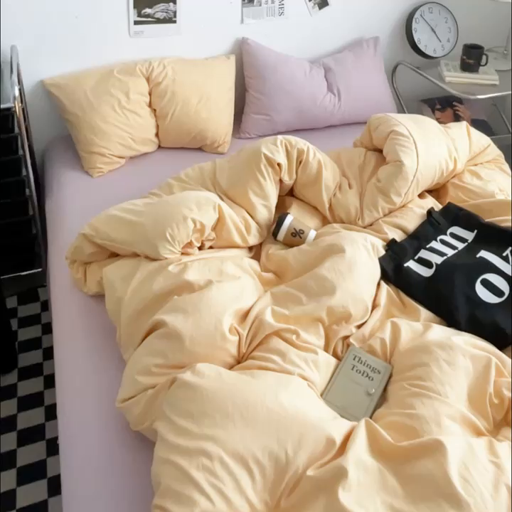 91家纺网 家纺一手货源 找家纺 思诺羽床笠 2024新款水洗棉纯色混搭四件套系列 碳烤起司+浪漫紫