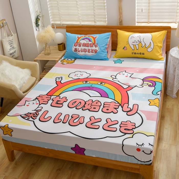 91家纺网 家纺一手货源 找家纺 沐白家居 2024新款纯棉喷气133*72二次元大版印花单床笠 彩虹喵喵