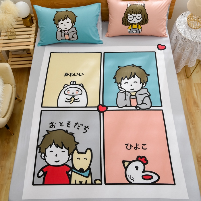 91家纺网 家纺一手货源 找家纺 沐白家居 2024新款纯棉喷气133*72二次元大版印花单床笠 城市少年