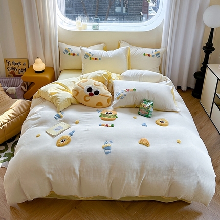 91家纺网 家纺一手货源 找家纺 眠屿 2024全棉A类皱皱纱毛巾绣四件套 开心汉堡