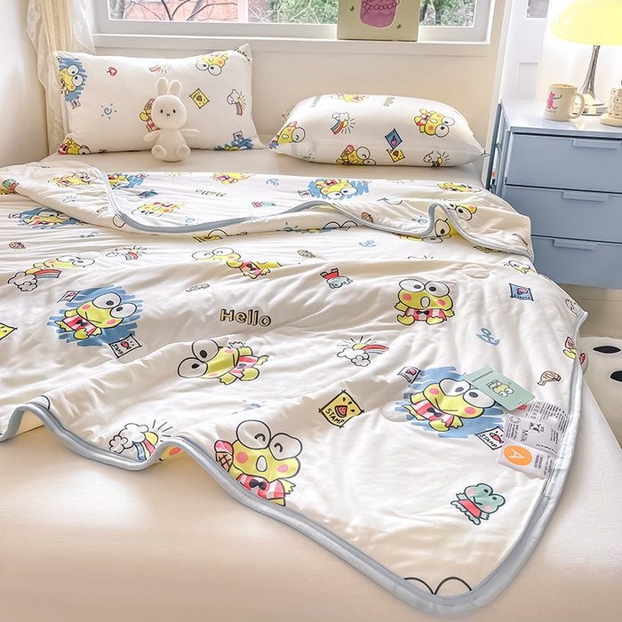 91家纺网 家纺一手货源 找家纺 金爱家 2024新款A类三丽鸥正版授权高品质牛奶丝软糯针织棉夏被系列 针织棉三丽鸥-彩虹大眼蛙