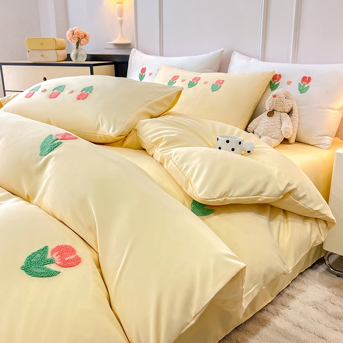 91家纺网 家纺一手货源 找家纺 艾米家居 2025水洗真丝四件套毛巾绣四件套-郁金香系列 黄