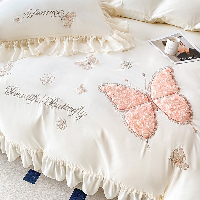 91家纺网 家纺一手货源 找家纺 富盛 2024新款水洗亲肤棉立体刺绣四件套公主风四件套-蝴蝶系列 蝴蝶-白