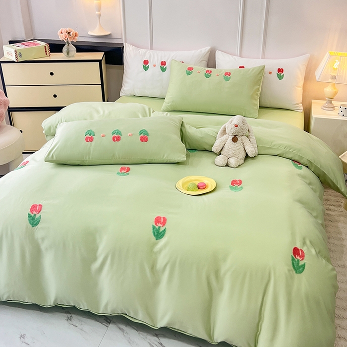 91家纺网 家纺一手货源 找家纺 艾米家居 2025水洗真丝四件套毛巾绣四件套-郁金香系列 水绿