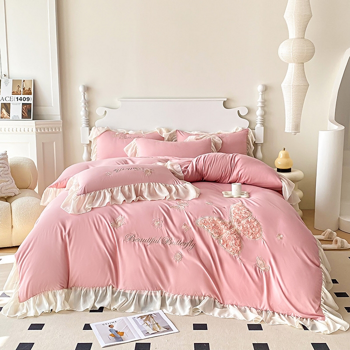 91家纺网 家纺一手货源 找家纺 富盛 2024新款水洗亲肤棉立体刺绣四件套公主风四件套-蝴蝶系列 蝴蝶-豆沙