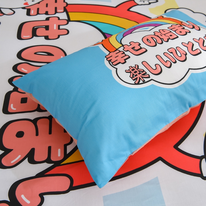 91家纺网 家纺一手货源 找家纺 沐白家居 2024新款纯棉喷气133*72二次元大版印花单床笠 彩虹喵喵