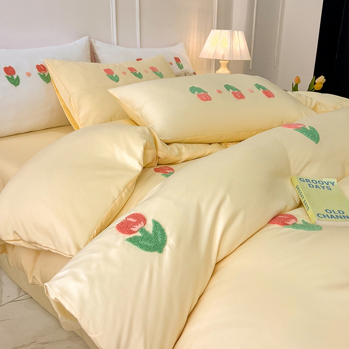 91家纺网 家纺一手货源 找家纺 艾米家居 2025水洗真丝四件套毛巾绣四件套-郁金香系列 黄