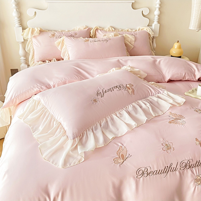 91家纺网 家纺一手货源 找家纺 富盛 2024新款水洗亲肤棉立体刺绣四件套公主风四件套-蝴蝶系列 蝴蝶-粉