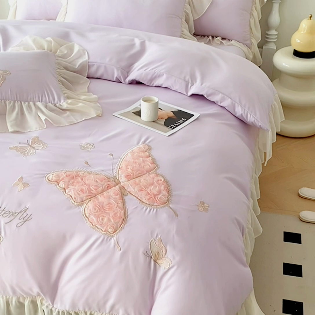 91家纺网 家纺一手货源 找家纺 富盛 2024新款水洗亲肤棉立体刺绣四件套公主风四件套-蝴蝶系列 蝴蝶-紫