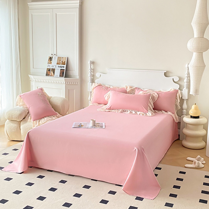 91家纺网 家纺一手货源 找家纺 富盛 2024新款水洗亲肤棉立体刺绣四件套公主风四件套-蝴蝶系列 蝴蝶-豆沙