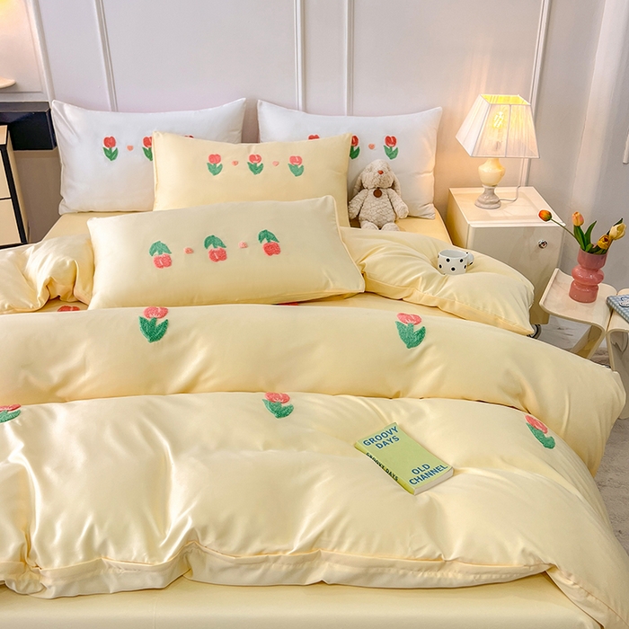 91家纺网 家纺一手货源 找家纺 艾米家居 2025水洗真丝四件套毛巾绣四件套-郁金香系列 黄