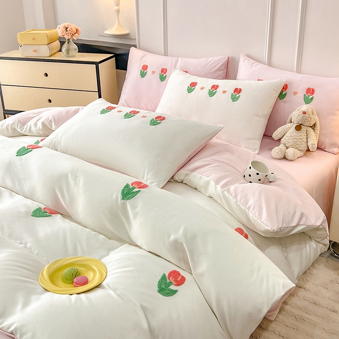 91家纺网 家纺一手货源 找家纺 艾米家居 2025水洗真丝四件套毛巾绣四件套-郁金香系列 白加粉