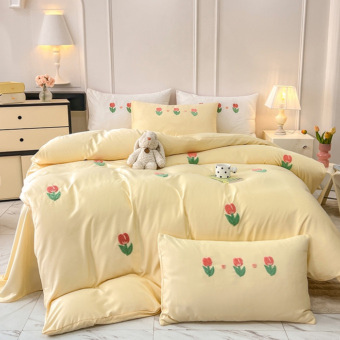 91家纺网 家纺一手货源 找家纺 艾米家居 2025水洗真丝四件套毛巾绣四件套-郁金香系列 黄