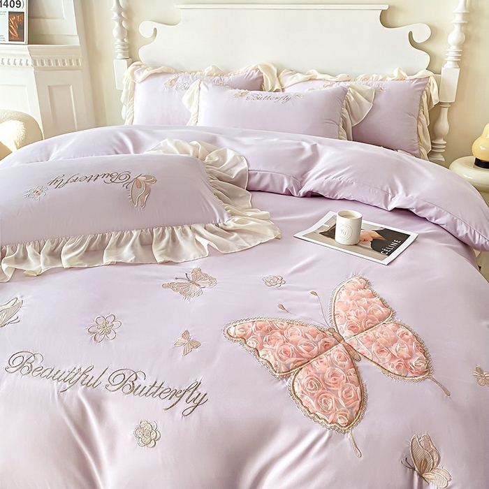 91家纺网 家纺一手货源 找家纺 富盛 2024新款水洗亲肤棉立体刺绣四件套公主风四件套-蝴蝶系列 蝴蝶-紫