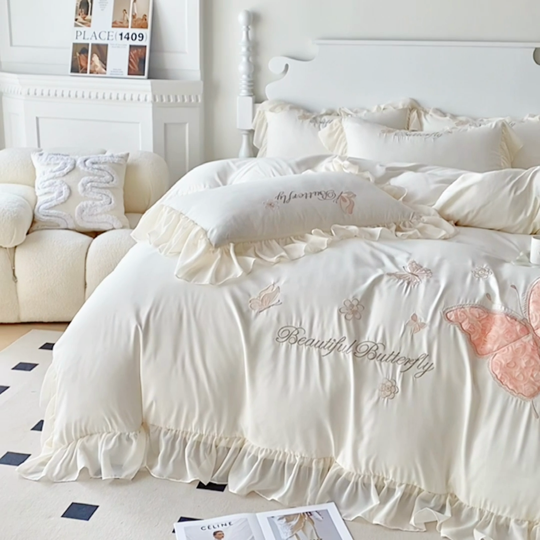 91家纺网 家纺一手货源 找家纺 富盛 2024新款水洗亲肤棉立体刺绣四件套公主风四件套-蝴蝶系列 蝴蝶-白