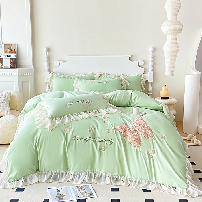 91家纺网 家纺一手货源 找家纺 富盛 2024新款水洗亲肤棉立体刺绣四件套公主风四件套-蝴蝶系列 蝴蝶-嫩绿