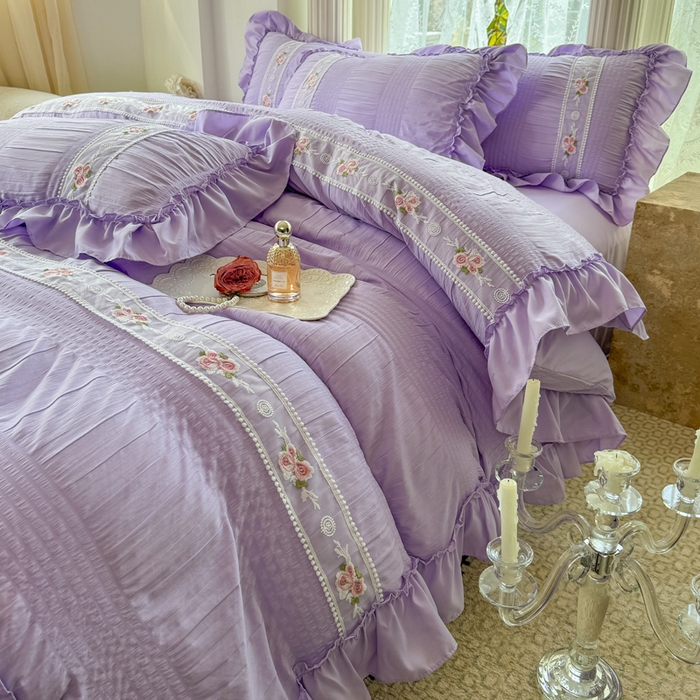 91家纺网 家纺一手货源 找家纺 仟网汇 2024新款韩版泡泡纱刺绣花边四件套 泡泡纱-薰衣草紫