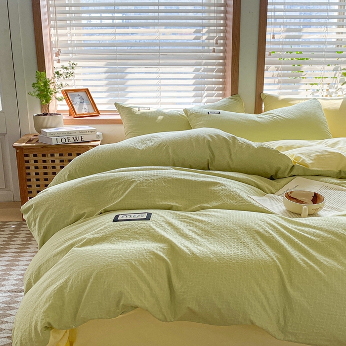 91家纺网 家纺一手货源 找家纺 梦之岛 2024miu贴标水洗磨毛华夫格四件套 miumiu -黄绿