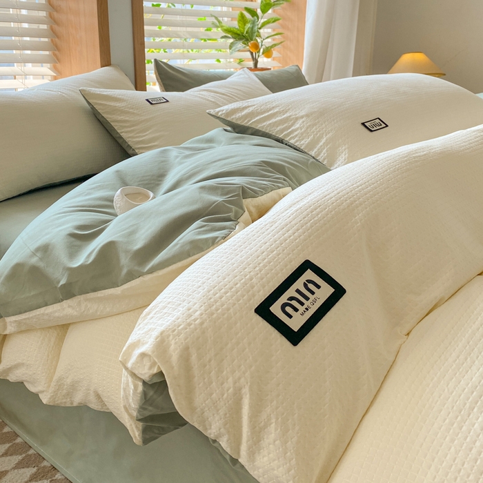 91家纺网 家纺一手货源 找家纺 梦之岛 2024miu贴标水洗磨毛华夫格四件套 miumiu -白绿