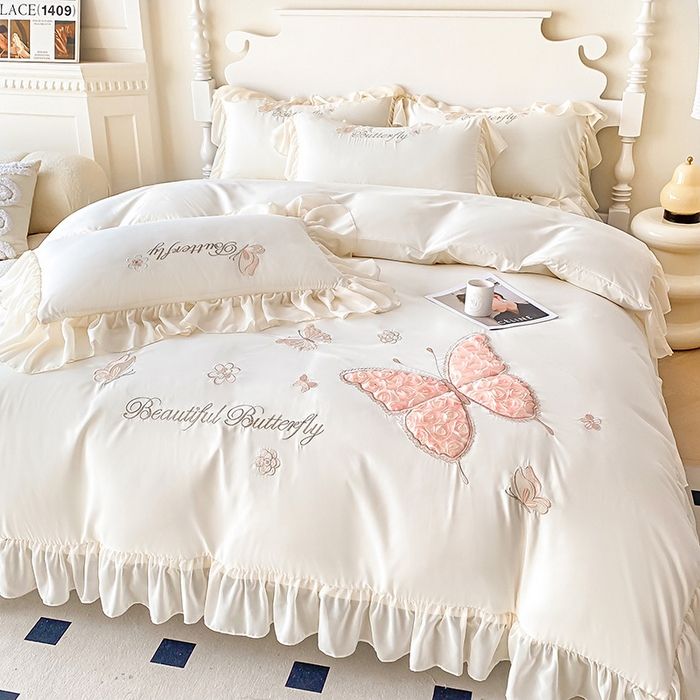 91家纺网 家纺一手货源 找家纺 富盛 2024新款水洗亲肤棉立体刺绣四件套公主风四件套-蝴蝶系列 蝴蝶-白