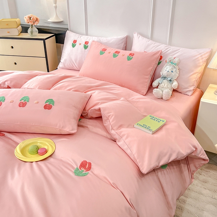 91家纺网 家纺一手货源 找家纺 艾米家居 2025水洗真丝四件套毛巾绣四件套-郁金香系列 豆沙