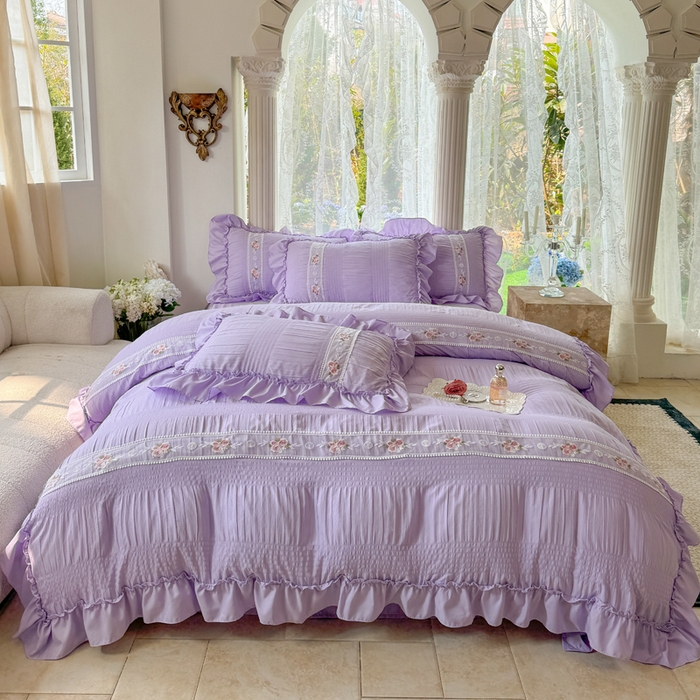 91家纺网 家纺一手货源 找家纺 仟网汇 2024新款韩版泡泡纱刺绣花边四件套 泡泡纱-薰衣草紫