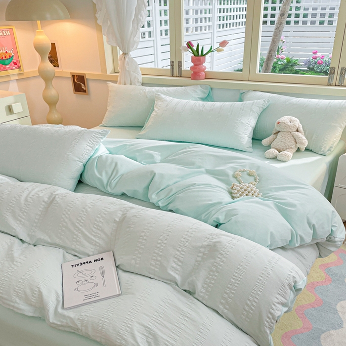 91家纺网 家纺一手货源 找家纺 梦之岛 2024新款小清新泡泡纱安妮系列水洗磨毛四件套 安妮-水绿