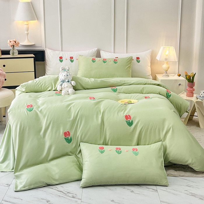 91家纺网 家纺一手货源 找家纺 艾米家居 2025水洗真丝四件套毛巾绣四件套-郁金香系列 水绿