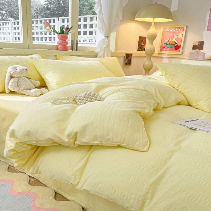 91家纺网 家纺一手货源 找家纺 梦之岛 2024新款小清新泡泡纱安妮系列水洗磨毛四件套 安妮-黄