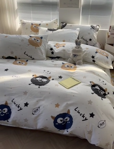 91家纺网 家纺一手货源 找家纺 2024新款全棉印花四件套 毛球怪