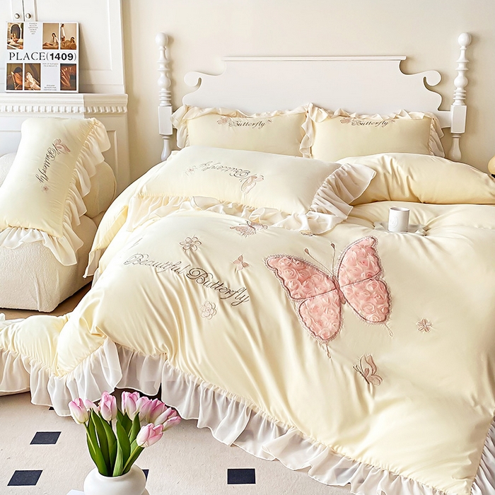 91家纺网 家纺一手货源 找家纺 富盛 2024新款水洗亲肤棉立体刺绣四件套公主风四件套-蝴蝶系列 蝴蝶-黄
