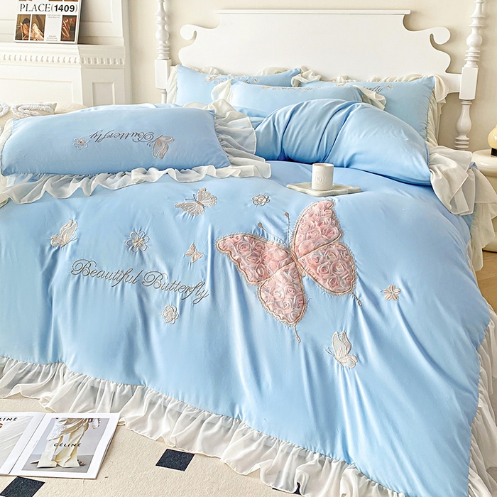 91家纺网 家纺一手货源 找家纺 富盛 2024新款水洗亲肤棉立体刺绣四件套公主风四件套-蝴蝶系列 蝴蝶-蓝