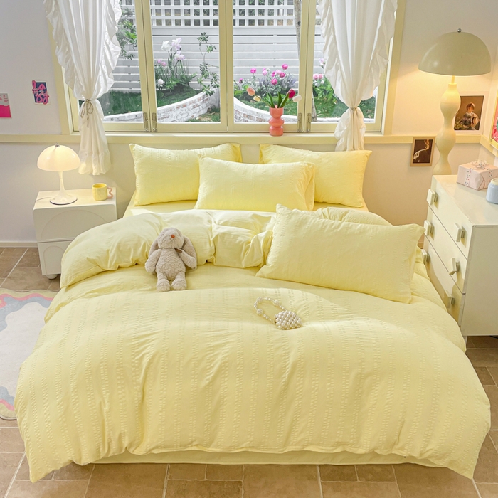 91家纺网 家纺一手货源 找家纺 梦之岛 2024新款小清新泡泡纱安妮系列水洗磨毛四件套 安妮-黄